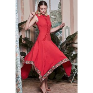 VESTIDO MIDI FRUNCE ROJO BORDADO VE-ALENTI PANAMBI