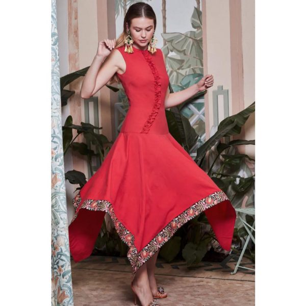 VESTIDO MIDI FRUNCE ROJO BORDADO VE-ALENTI PANAMBI